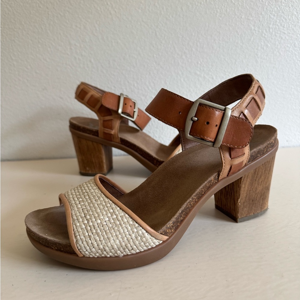 Dansko Brown and Cream Woven Leather Block Heel Sandals